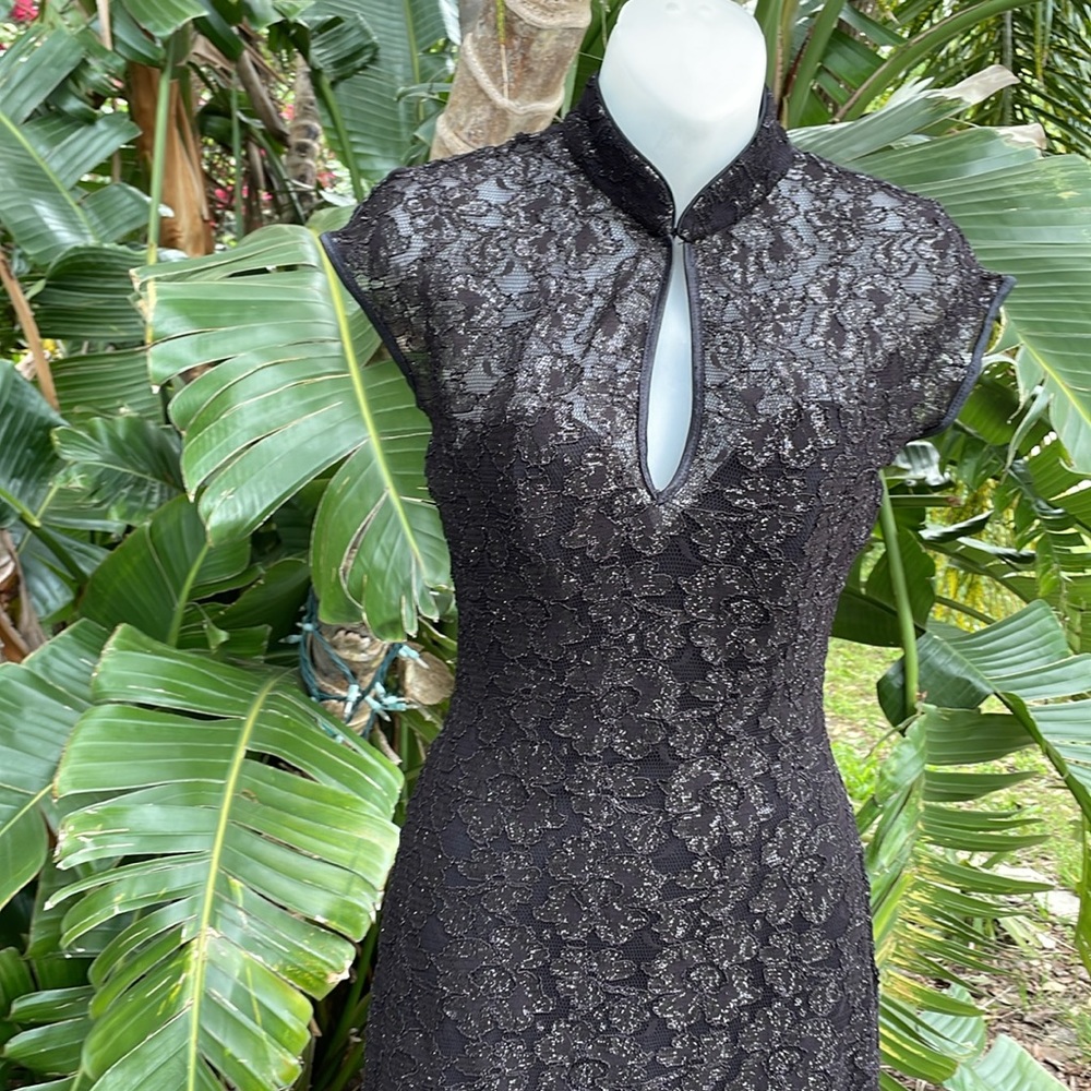 Cache metallic lace,sheer cheongsam column cocktail dress - Picture 4 of 10